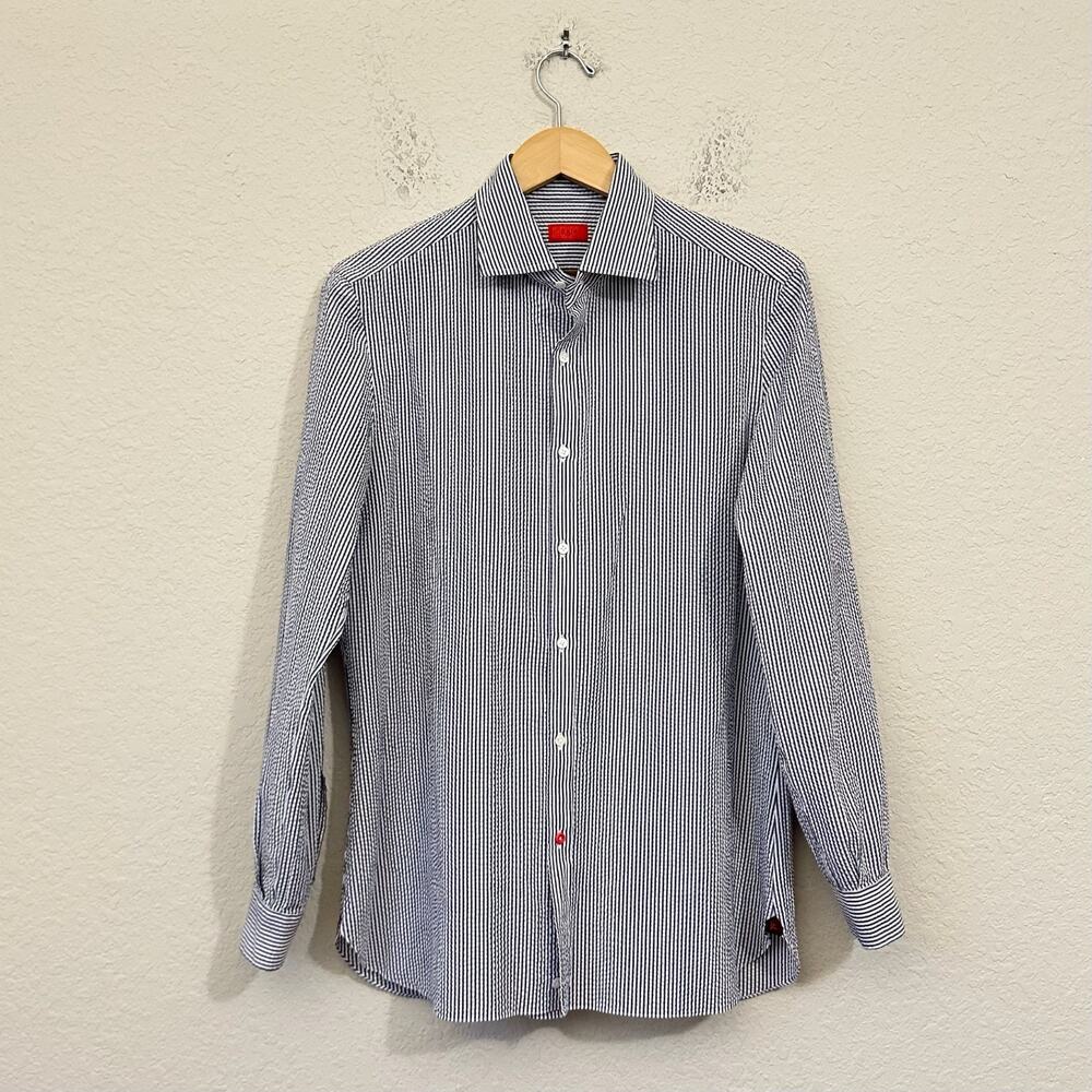 ISAIA Napoli Dress Shirt Blue White Striped Seersucker Button Up LS